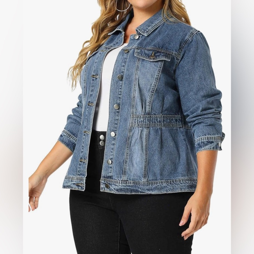 Agnes Orinda Plus Size Fashion Outerwear Long Sleeve Button Denim Jacket, Blue